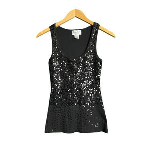 Vintage Y2K Black Sequins Tank Top Size Small Ribbed Back Glam Fairy Whimsy Goth